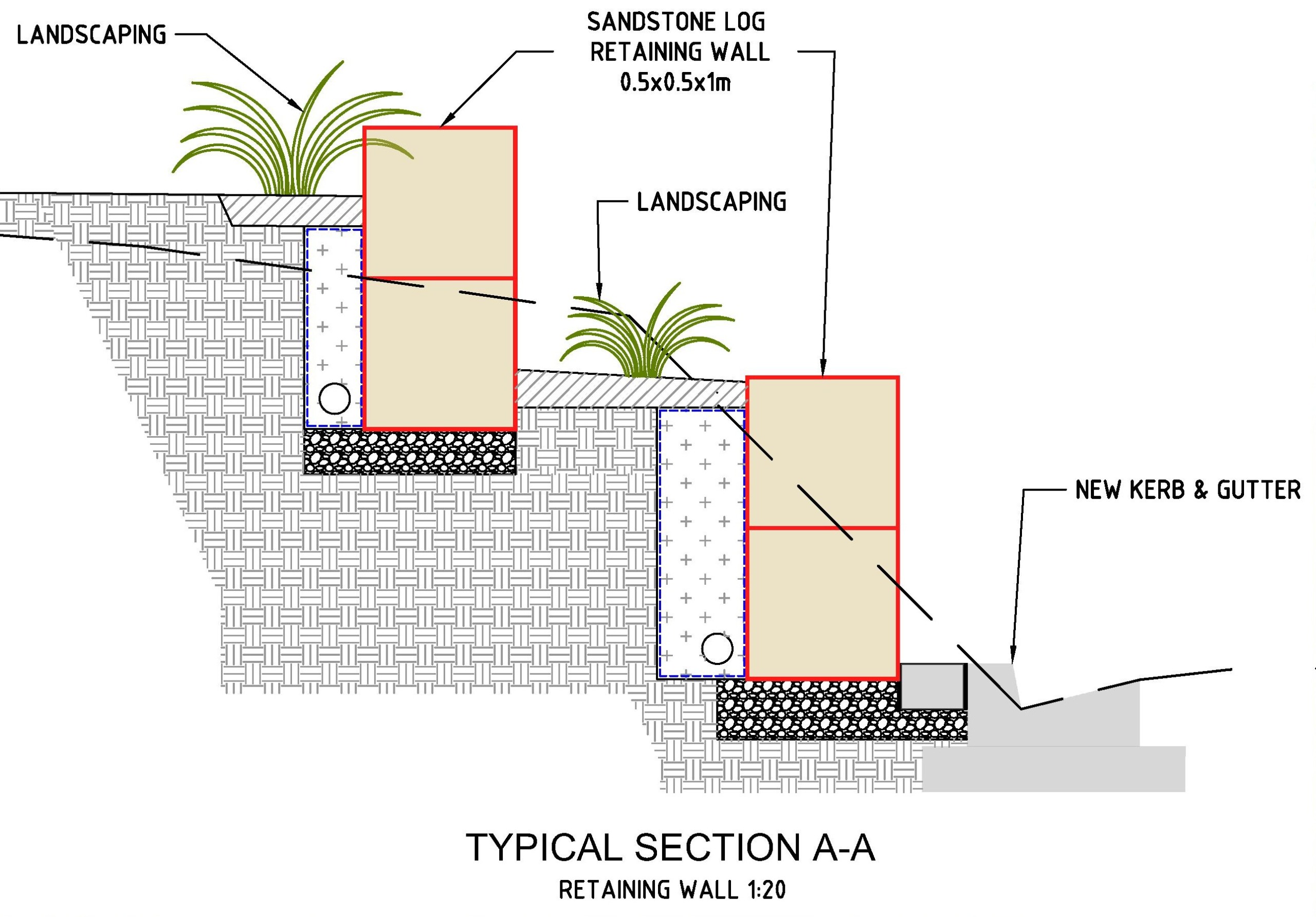 Typical cross-section of the retaining wall
