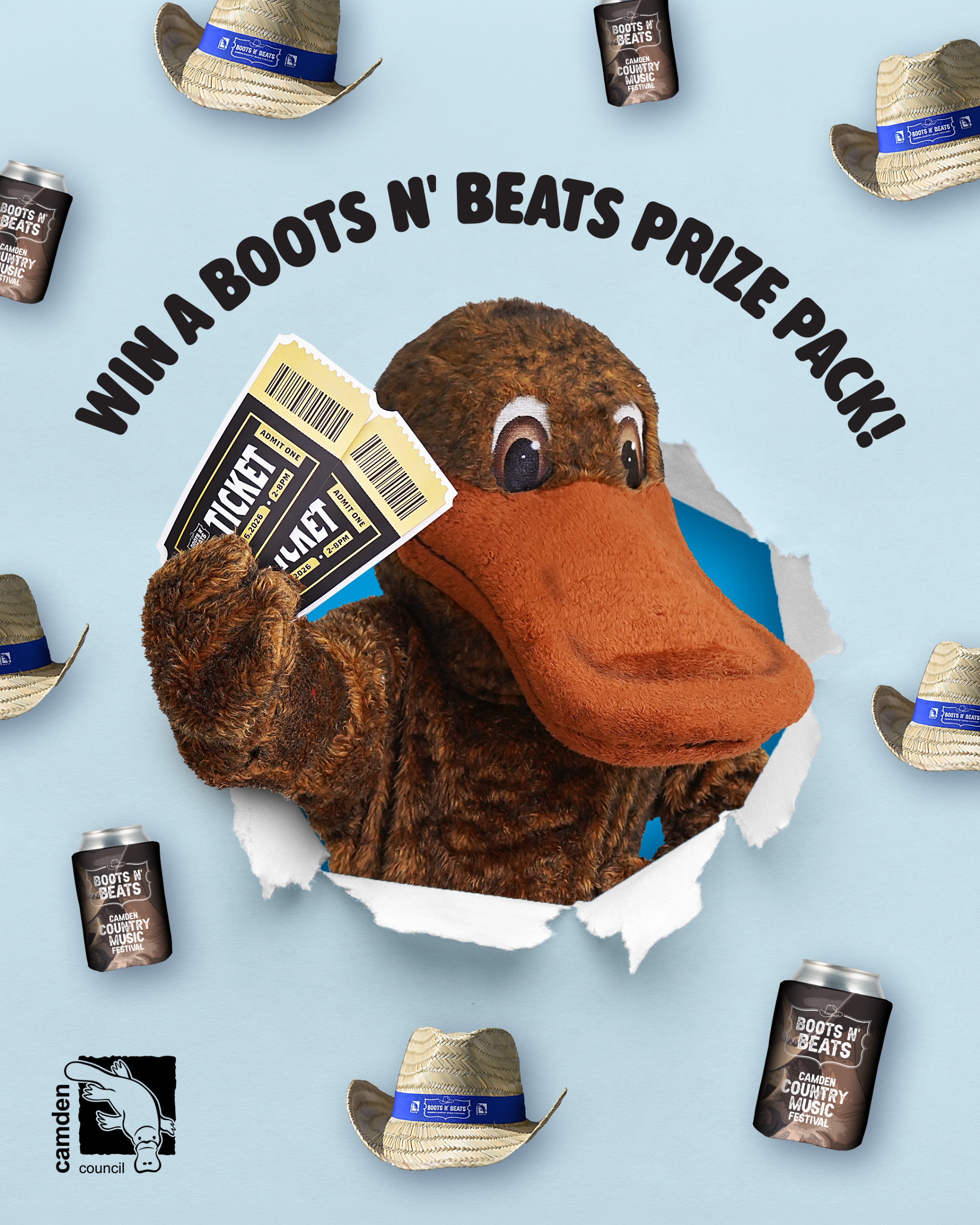 Promo image of platypus holding tickets to Boots n Beats country music event